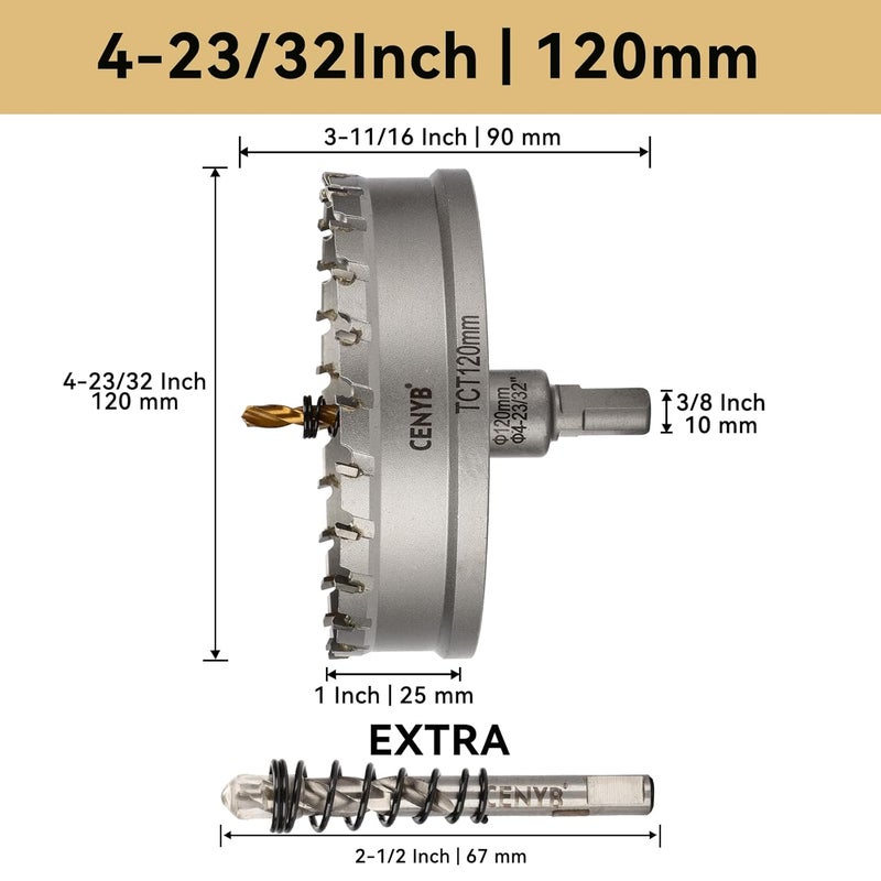 cenyb 4-23/32" (120mm) Tungsten Carbide Tipped Hole Saw with 2Pcs Titanium-Plated Pilot Drill Bits for Hard Metal,Stainless Steel,Iron,Aluminum Alloy,Wood and Plastic - Image 2